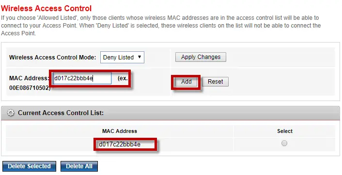 deleting wireless mac address actiontec